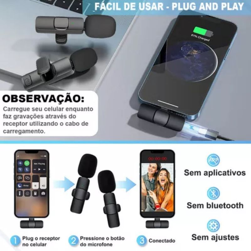 Microfone Lapela Celular Sem Fio Duplo Para Iphone Ios- Preto